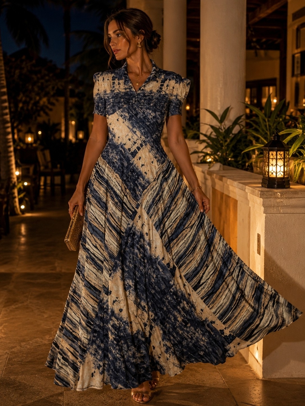 Vintage Saint Tropez West Dress 6/8 Blue Beige Abstract Art To Wear Maxi